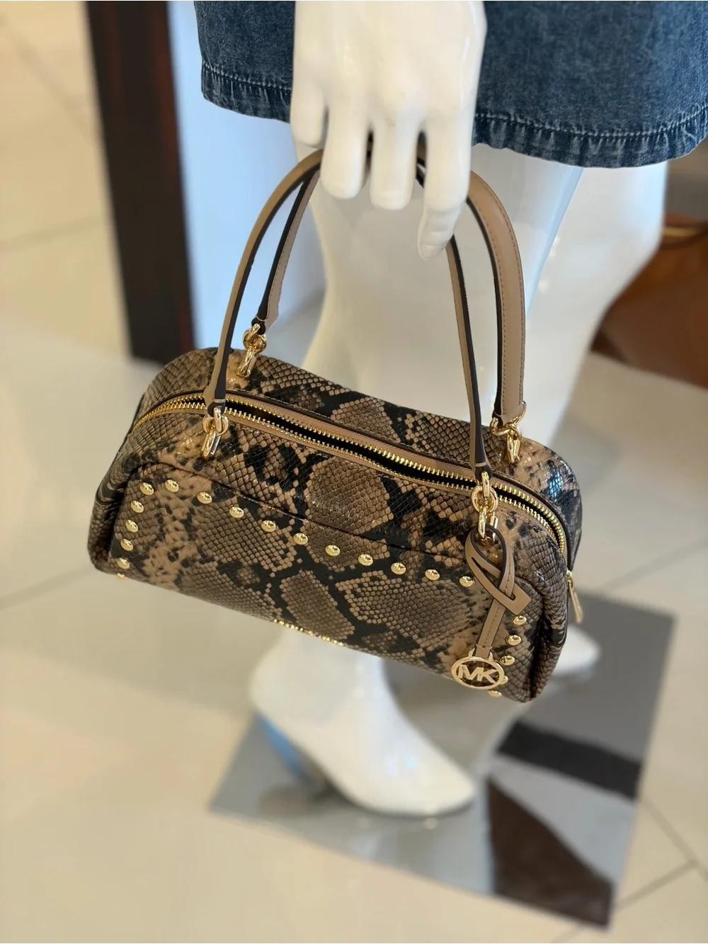 Michael Kors Tan Cecily Small Studded Snake Embossed Shoulder Crossbody Bag